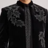 Black Velvet Indo Western Set With Abstract Motif And Cut Dana Work