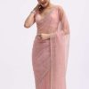 Pink Cutdana Embroidered Organza Saree With Unstitched Blouse