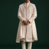 Peach Silk Zari Embroidered Sherwani Suit With Mala And Dupatta