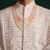 Peach Silk Zari Embroidered Sherwani Suit With Mala And Dupatta