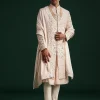 Peach Silk Zari Embroidered Sherwani Suit With Mala And Dupatta
