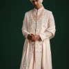 Peach Silk Zari Embroidered Sherwani Suit With Mala And Dupatta
