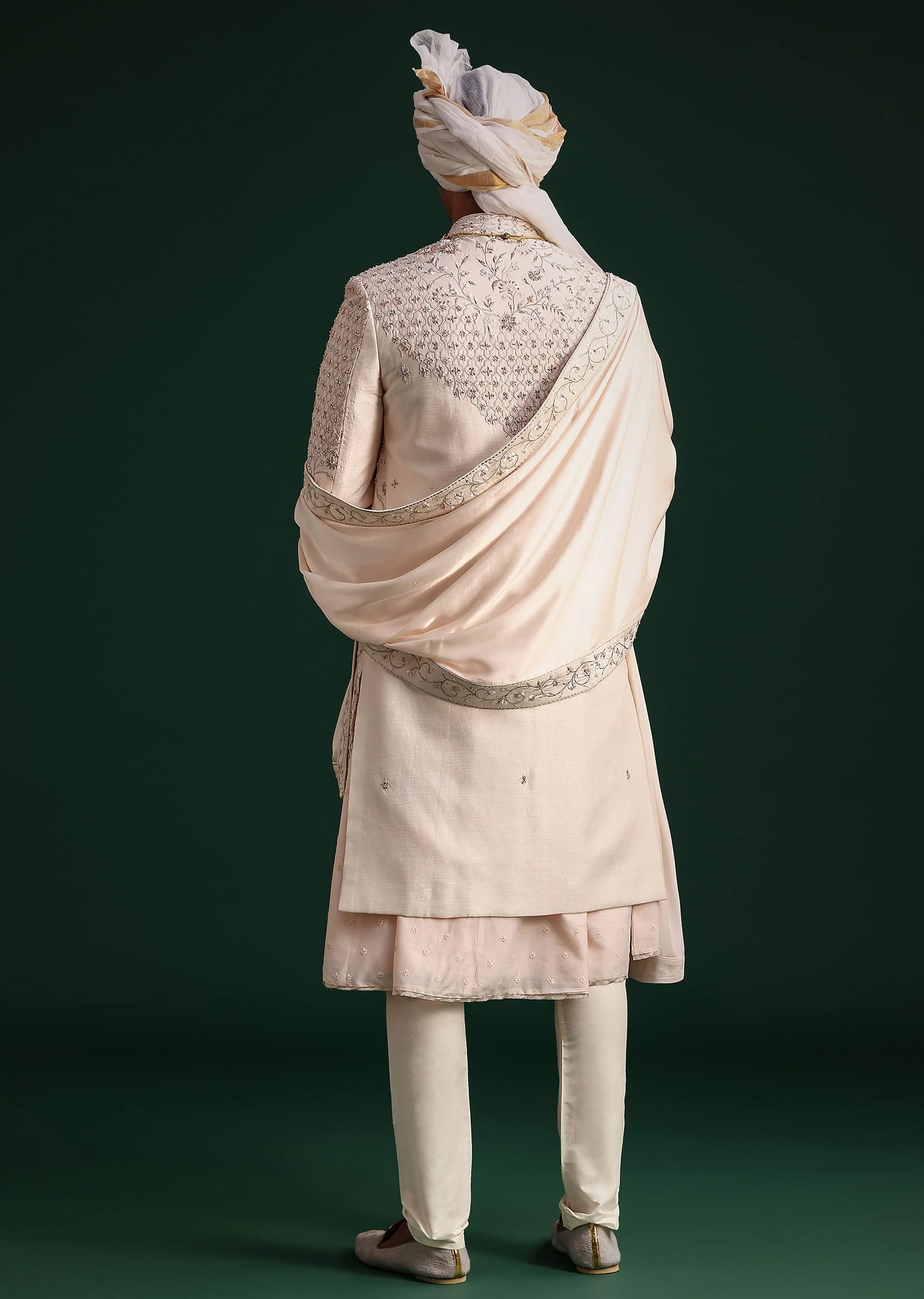 Peach Silk Zari Embroidered Sherwani Suit With Mala And Dupatta