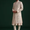 Peach Silk Zari Embroidered Sherwani Suit With Mala And Dupatta