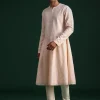 Peach Silk Zari Embroidered Sherwani Suit With Mala And Dupatta