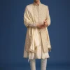 White Silk Zari Work Sherwani Set With Dupatta