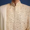 White Silk Zari Work Sherwani Set With Dupatta