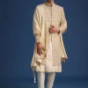 White Silk Zari Work Sherwani Set With Dupatta