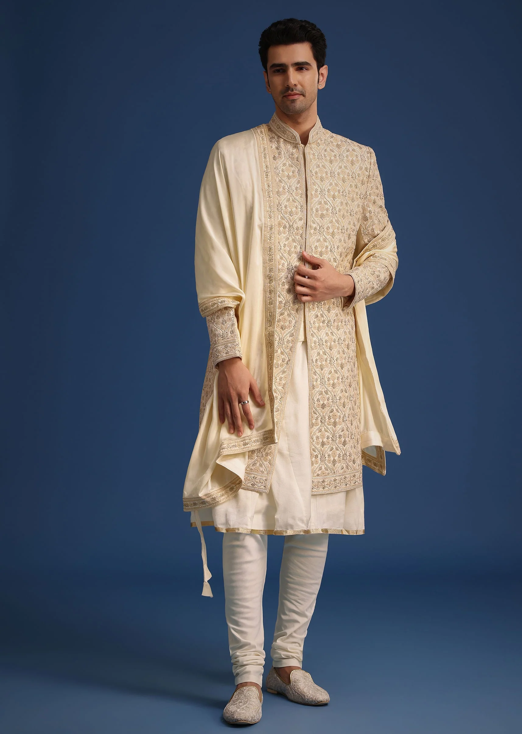 White Silk Zari Work Sherwani Set With Dupatta
