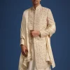 White Silk Zari Work Sherwani Set With Dupatta