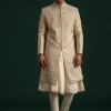 Beige Silk Sherwani Set With Zardozi Work