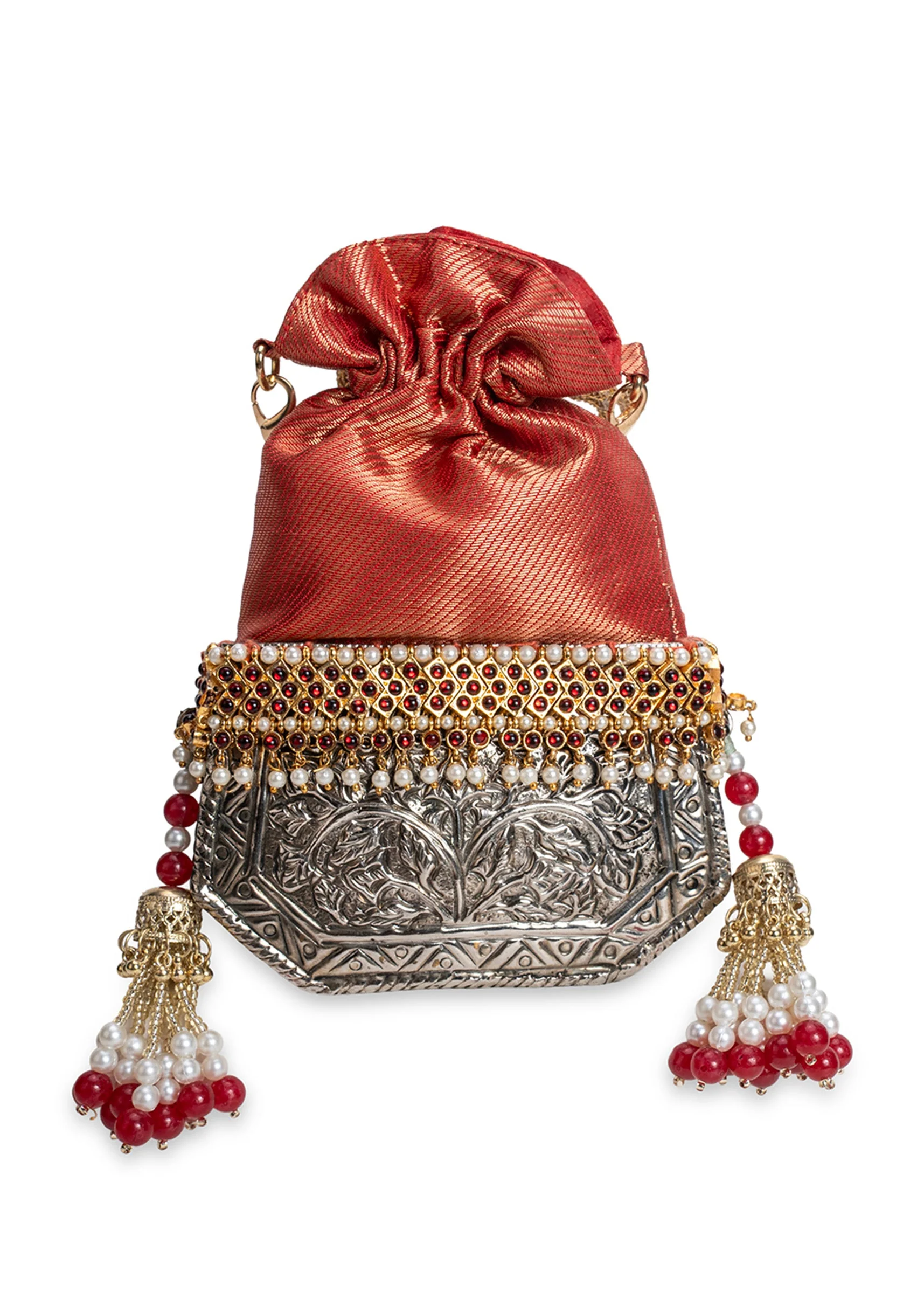 Red And Silver Brocade Potli Bag
