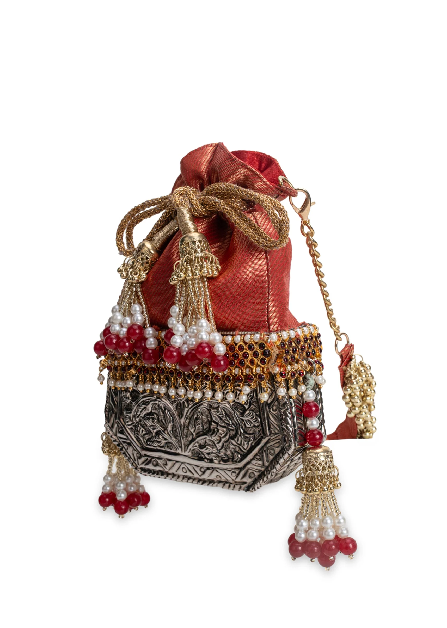 Red And Silver Brocade Potli Bag