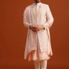 Pink Silk Embroidered Sherwani Set With Dupatta