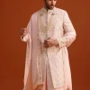 Pink Silk Embroidered Sherwani Set With Dupatta