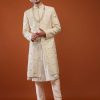 Cream White Embroidered Sherwani Set In Tussar Silk