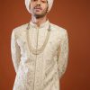 Cream White Embroidered Sherwani Set In Tussar Silk