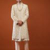 Cream White Embroidered Sherwani Set In Tussar Silk
