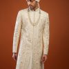 Cream White Embroidered Sherwani Set In Tussar Silk