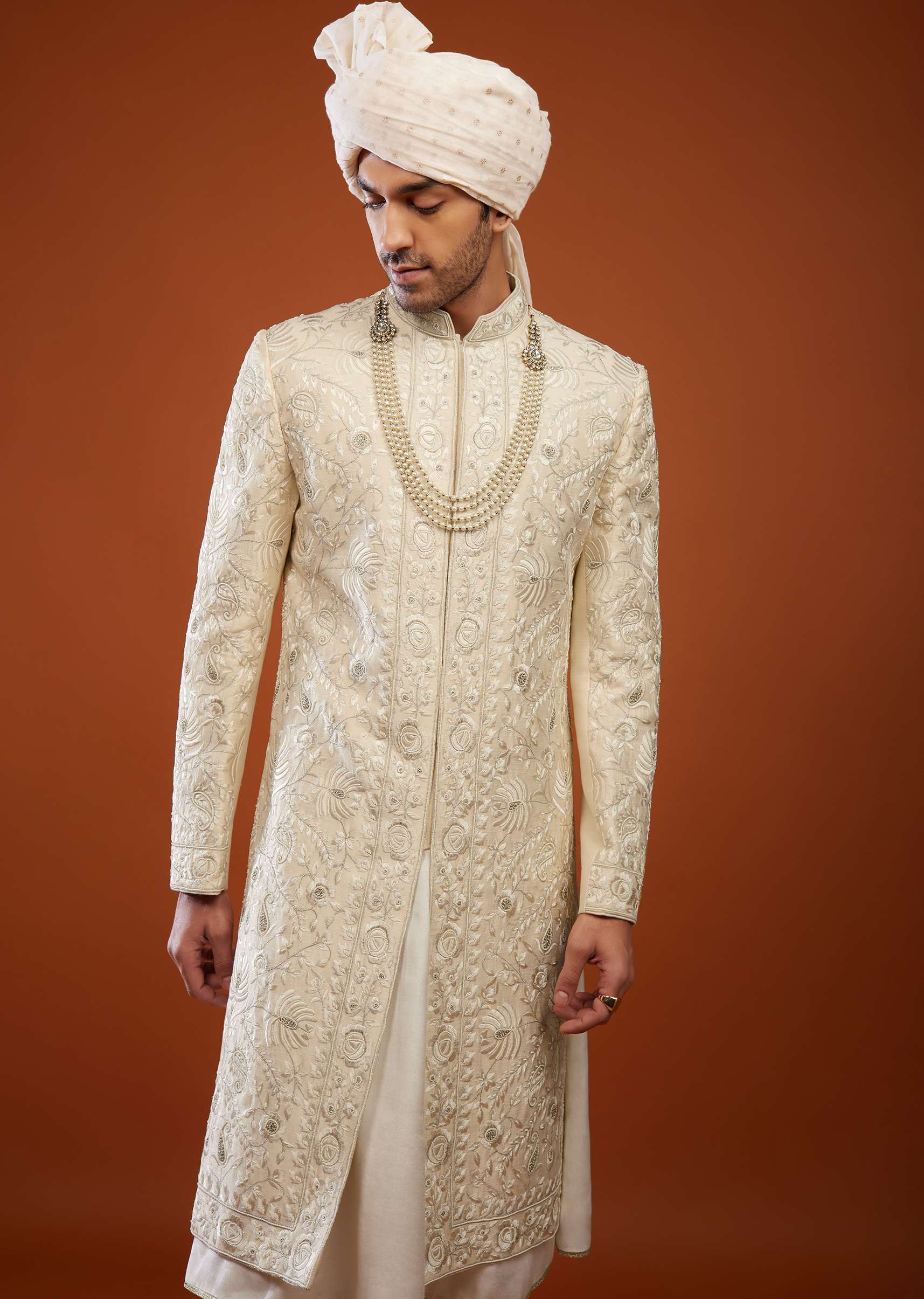 Cream White Embroidered Sherwani Set In Tussar Silk