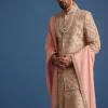 Peach Embroidered Silk Sherwani Suit
