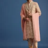 Peach Embroidered Silk Sherwani Suit