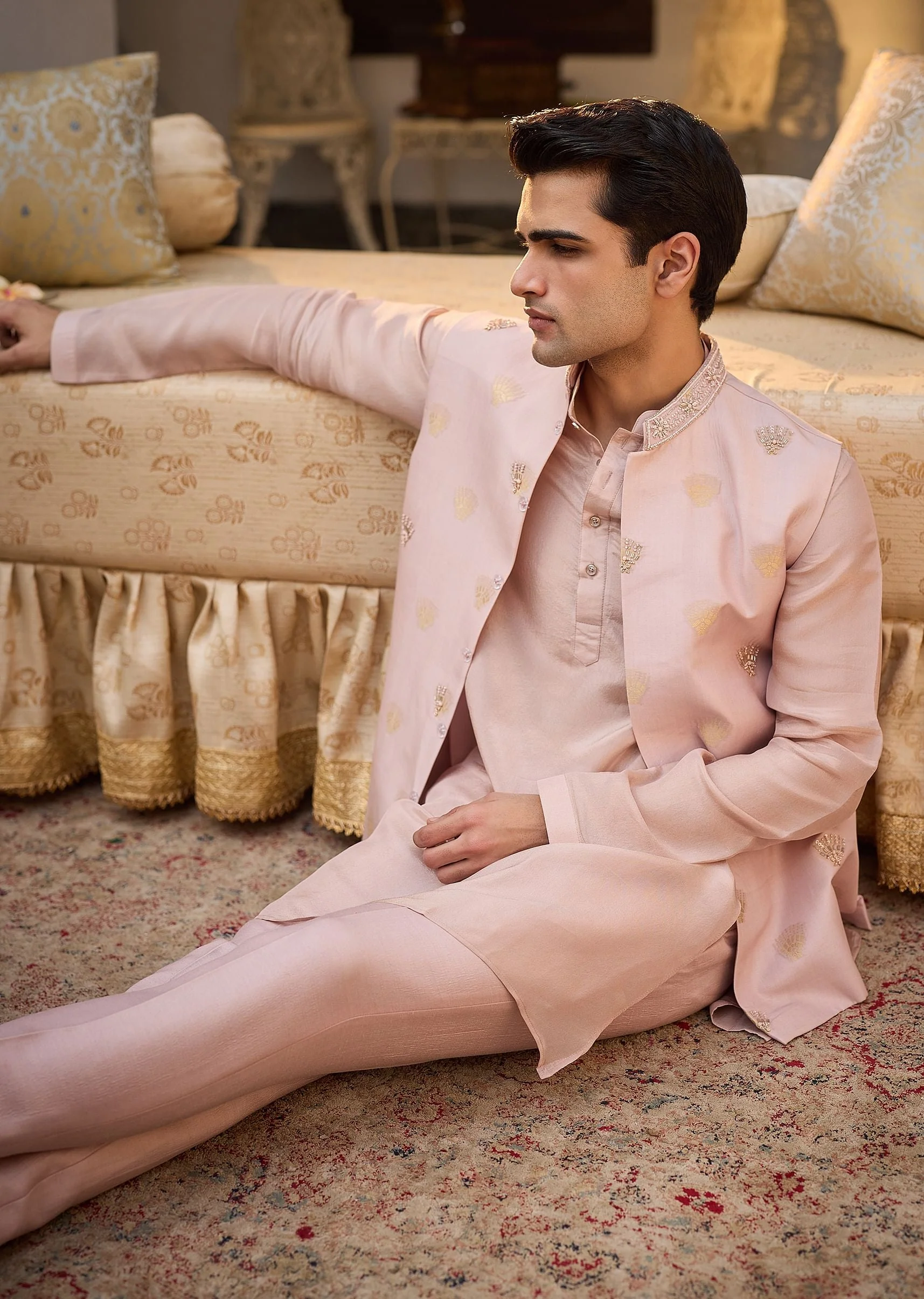 Peach Banarasi Embroidered Bandi Kurta Set