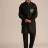 Black Linen Floral Resham Work Jacket Kurta Set
