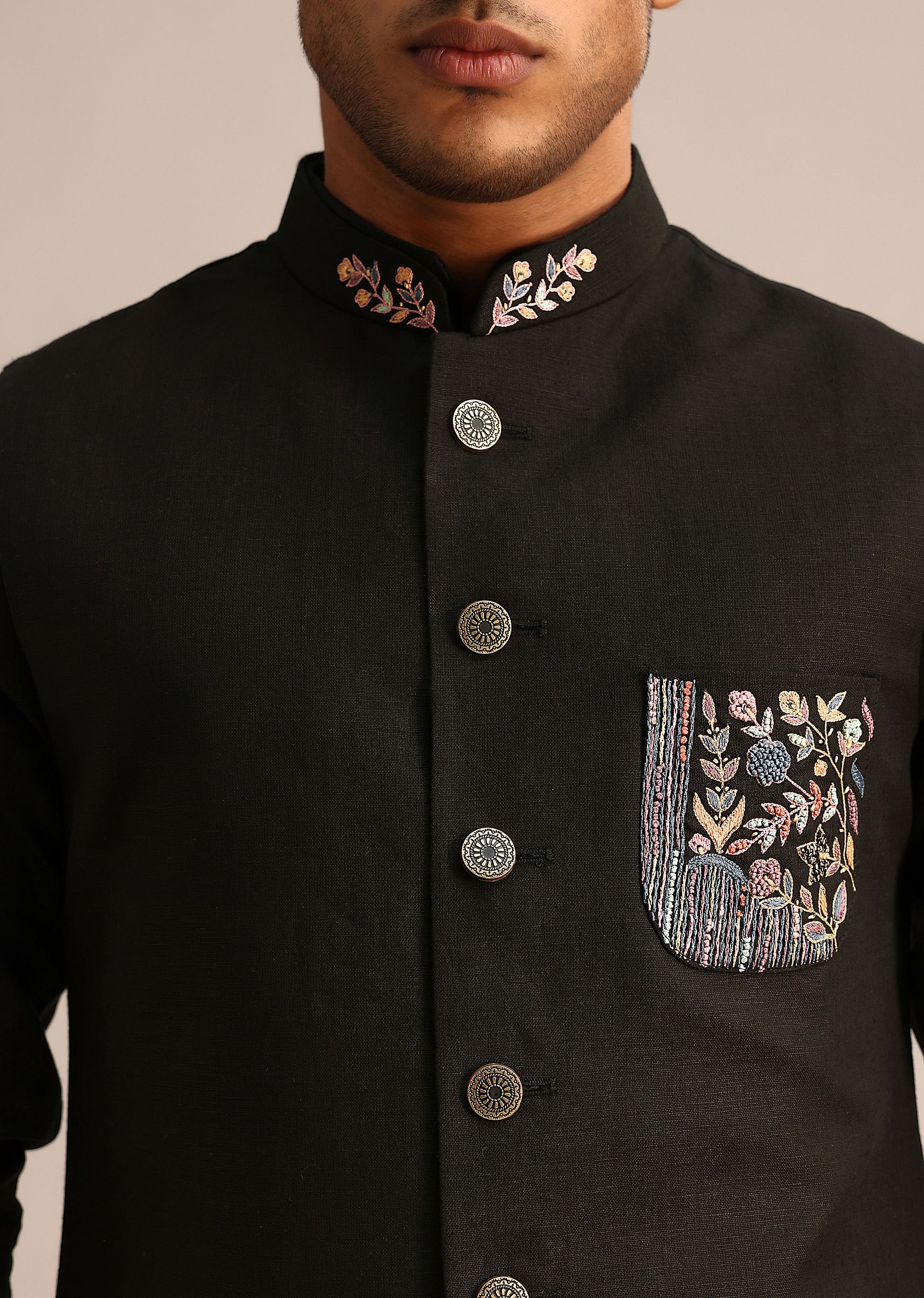 Black Linen Floral Resham Work Jacket Kurta Set