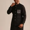 Black Linen Floral Resham Work Jacket Kurta Set