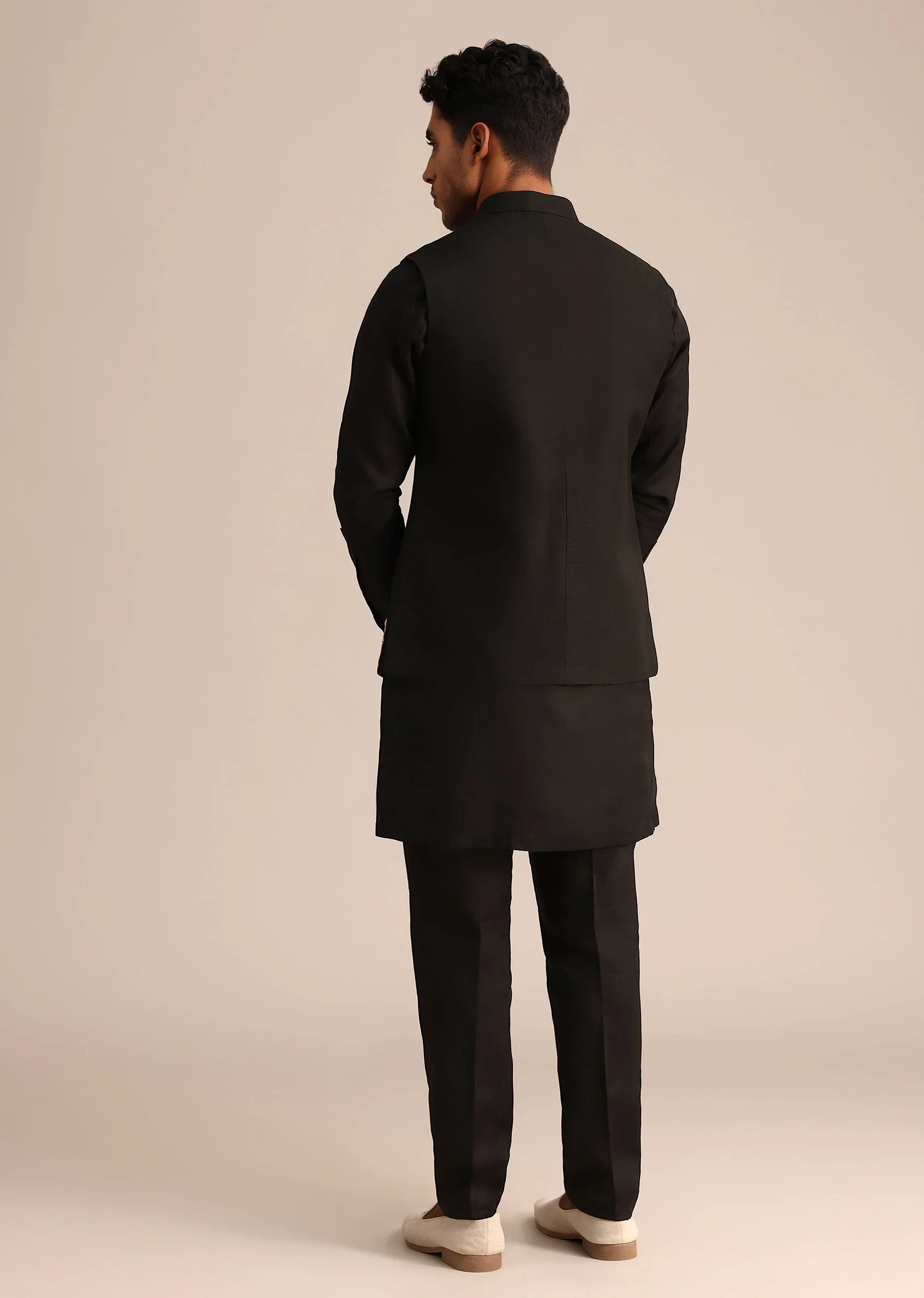 Black Linen Floral Resham Work Jacket Kurta Set