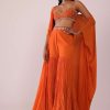 Orange Sharara And Embroidered Blouse Set With Floor Length Shrug In Crepe