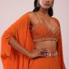 Orange Sharara And Embroidered Blouse Set With Floor Length Shrug In Crepe