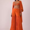 Orange Sharara And Embroidered Blouse Set With Floor Length Shrug In Crepe