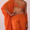 Orange Sharara And Embroidered Blouse Set With Floor Length Shrug In Crepe