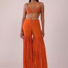Orange Sharara And Embroidered Blouse Set With Floor Length Shrug In Crepe