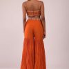 Orange Sharara And Embroidered Blouse Set With Floor Length Shrug In Crepe
