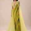 Green Pre Stitched Saree With Blouse And Zardozi Draped Cape