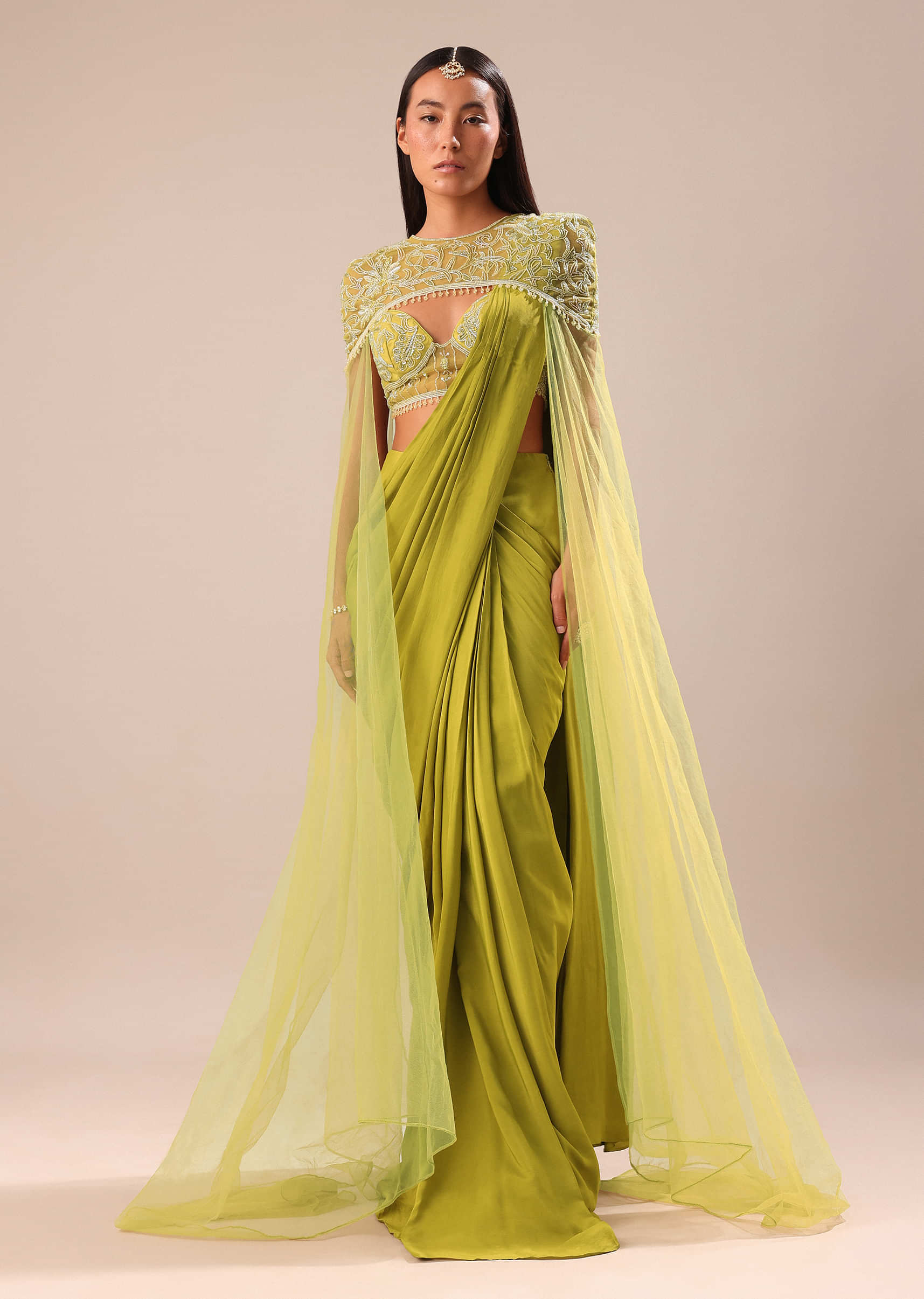 14620-green-pre-stitched-saree-with-blouse-and-zardozi-draped-cape-1.jpg Green Pre Stitched Saree With Blouse And Zardozi Draped Cape