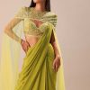 Green Pre Stitched Saree With Blouse And Zardozi Draped Cape