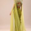 Green Pre Stitched Saree With Blouse And Zardozi Draped Cape