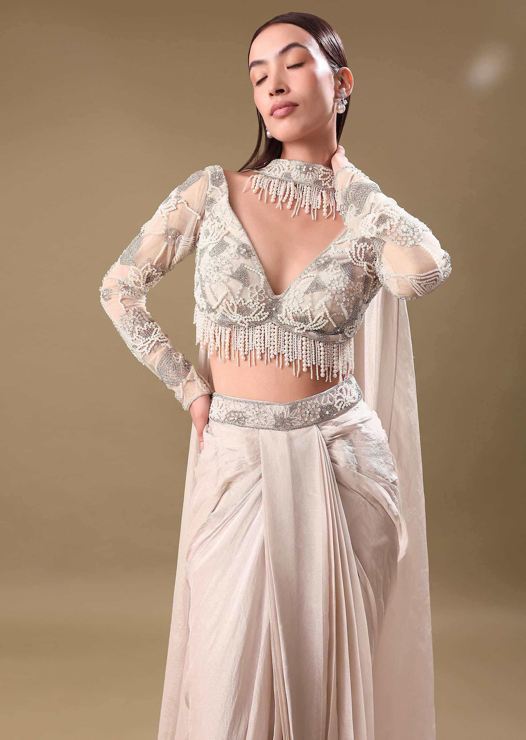 14635-ivory-pre-drape-tissue-skirt-with-full-sleeve-blouse-1.jpg Ivory Pre Drape Tissue Skirt With Full Sleeve Blouse
