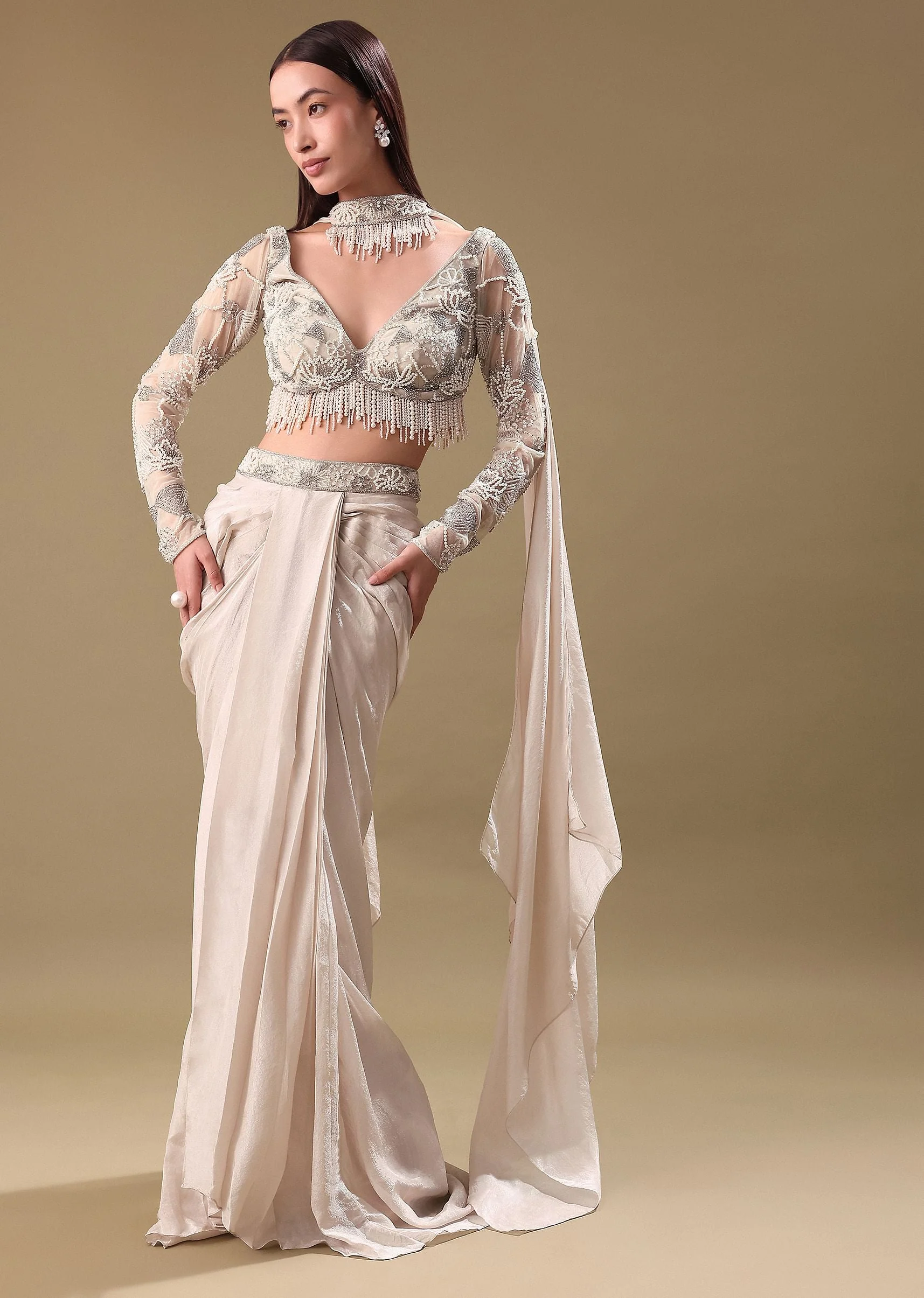 Ivory Pre Drape Tissue Skirt With Full Sleeve Blouse
