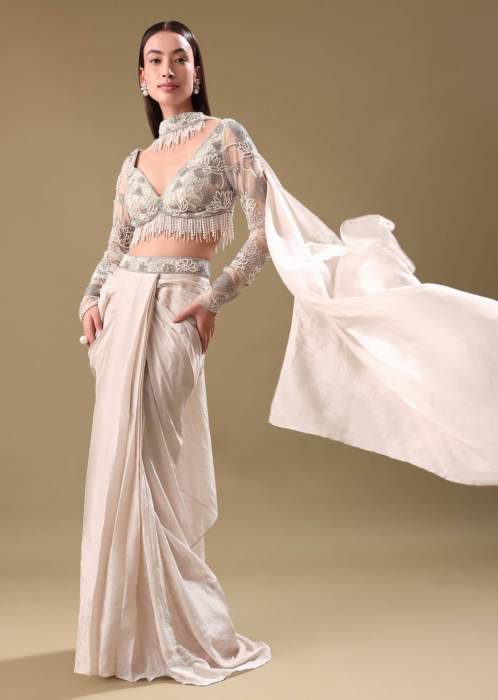 Ivory Pre Drape Tissue Skirt With Full Sleeve Blouse