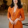 Rust Organza Jacket With Bustier And Draped Skirt