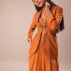 Rust Organza Jacket With Bustier And Draped Skirt