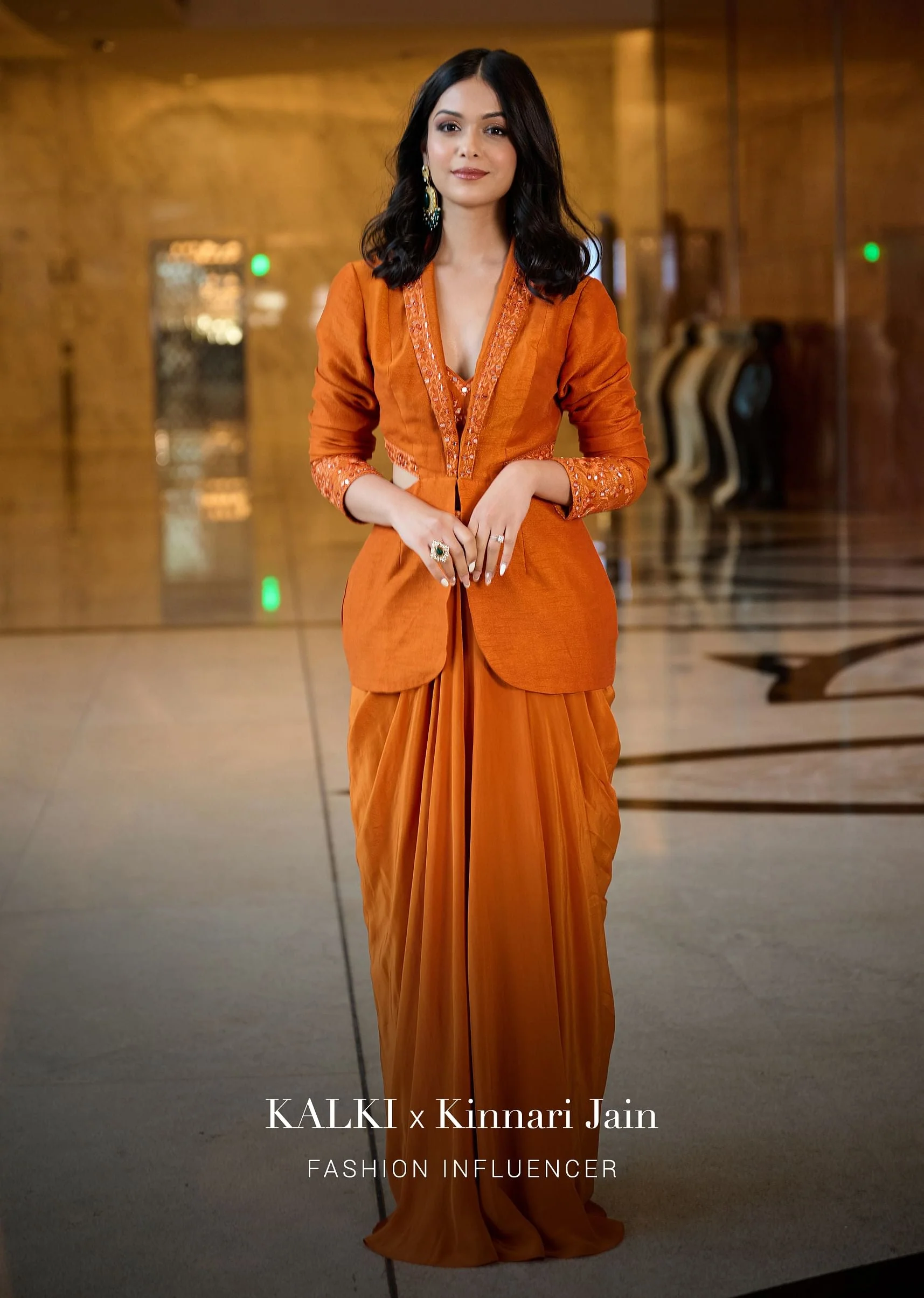 Rust Organza Jacket With Bustier And Draped Skirt