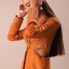 Rust Organza Jacket With Bustier And Draped Skirt
