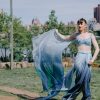 Blue Pre Pleated Twisted Skirt And Blouse With Attched Cape