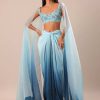 Blue Pre Pleated Twisted Skirt And Blouse With Attched Cape